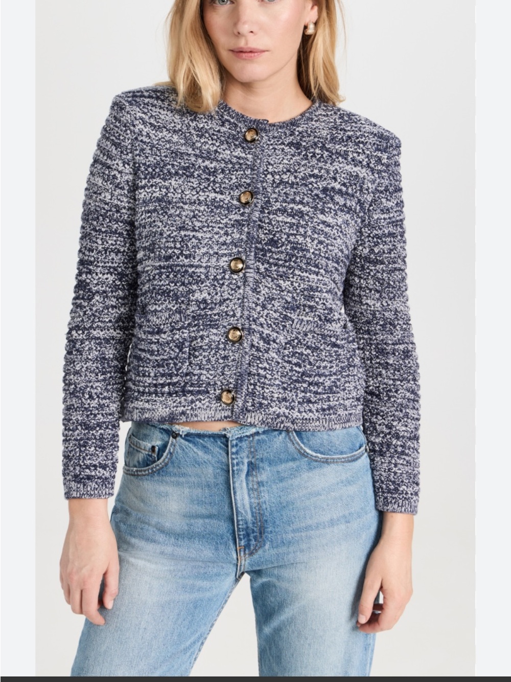 ba&sh Navy and White Textured Cropped Button Cardigan